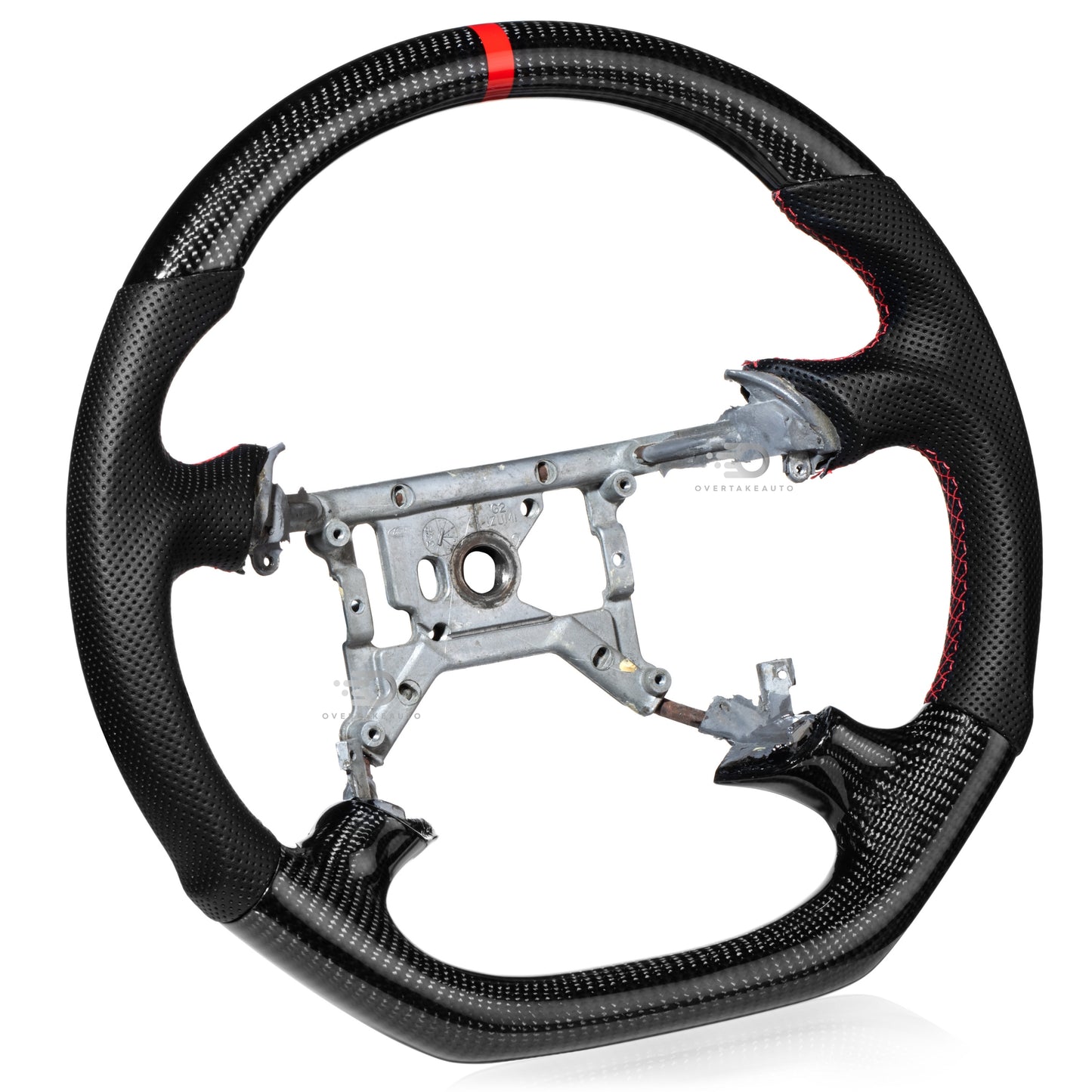 Carbon Fiber Flat Bottom Steering Wheel for 1994-2004 Ford Mustang SN95 & New Edge | Red Top Stripe, Black Perforated Leather, Red Stitching