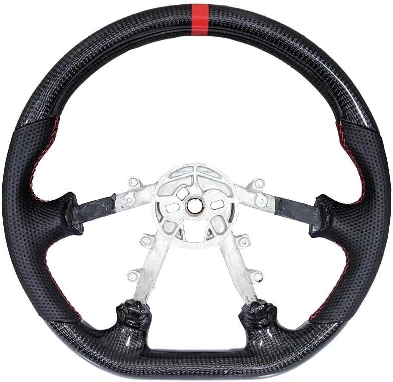 Leather Steering Wheel for Chevrolet Corvette C5 1997-2004 Flat-Top Flat-Bottom Perforated Leather Grip, Black Stitching and 3D Black 12 O’Clock Ring