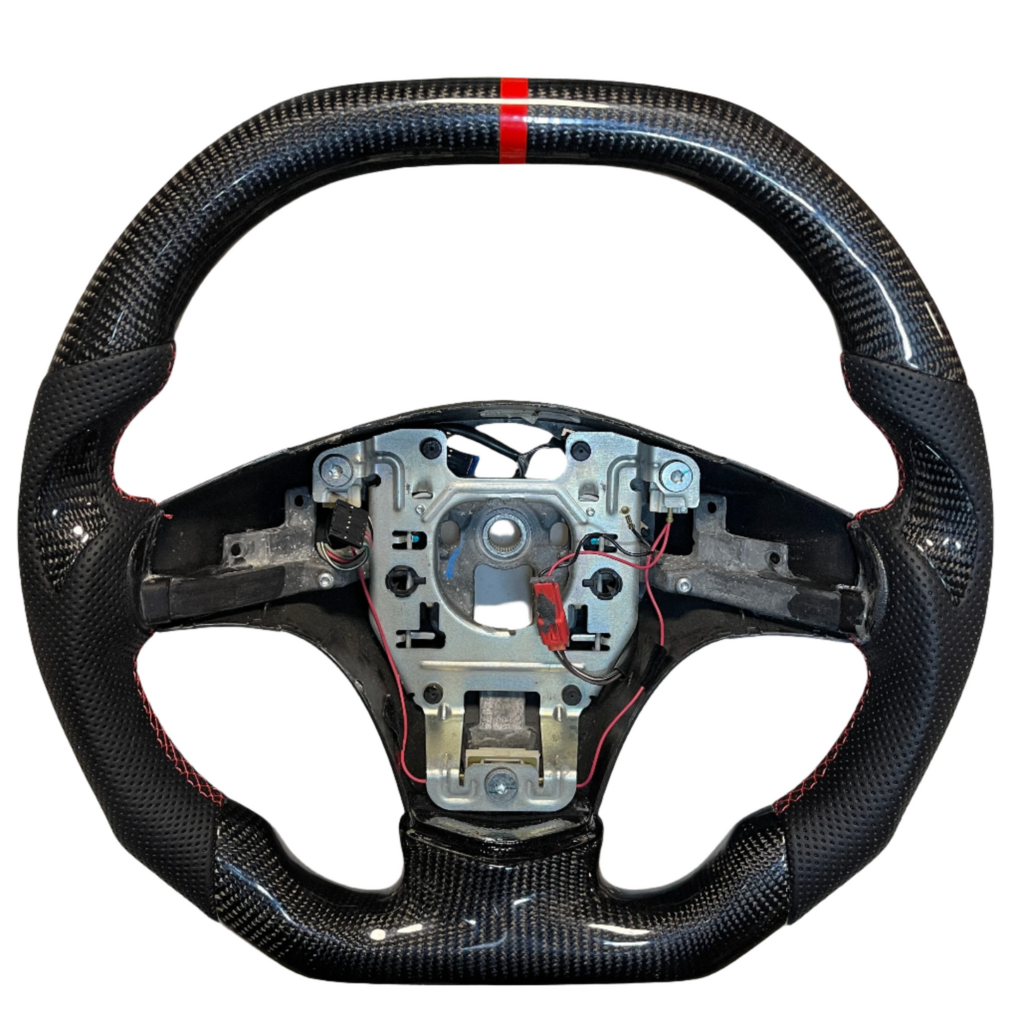 Carbon Fiber Steering Wheel with Flat Top + Carbon Thumb Grips + Red Stitching + Red Stripe for C6 Corvette 2006-2011