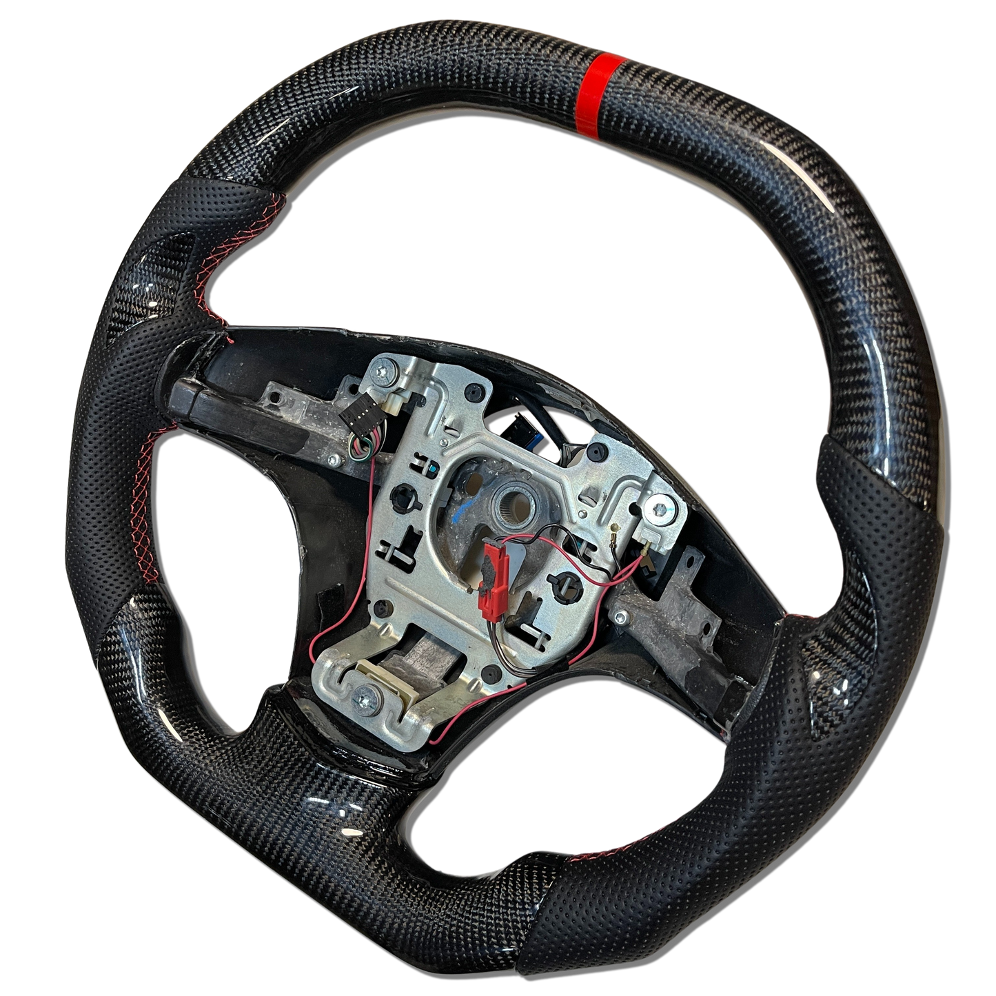 Carbon Fiber Steering Wheel with Flat Top + Carbon Thumb Grips + Red Stitching + Red Stripe for C6 Corvette 2006-2011