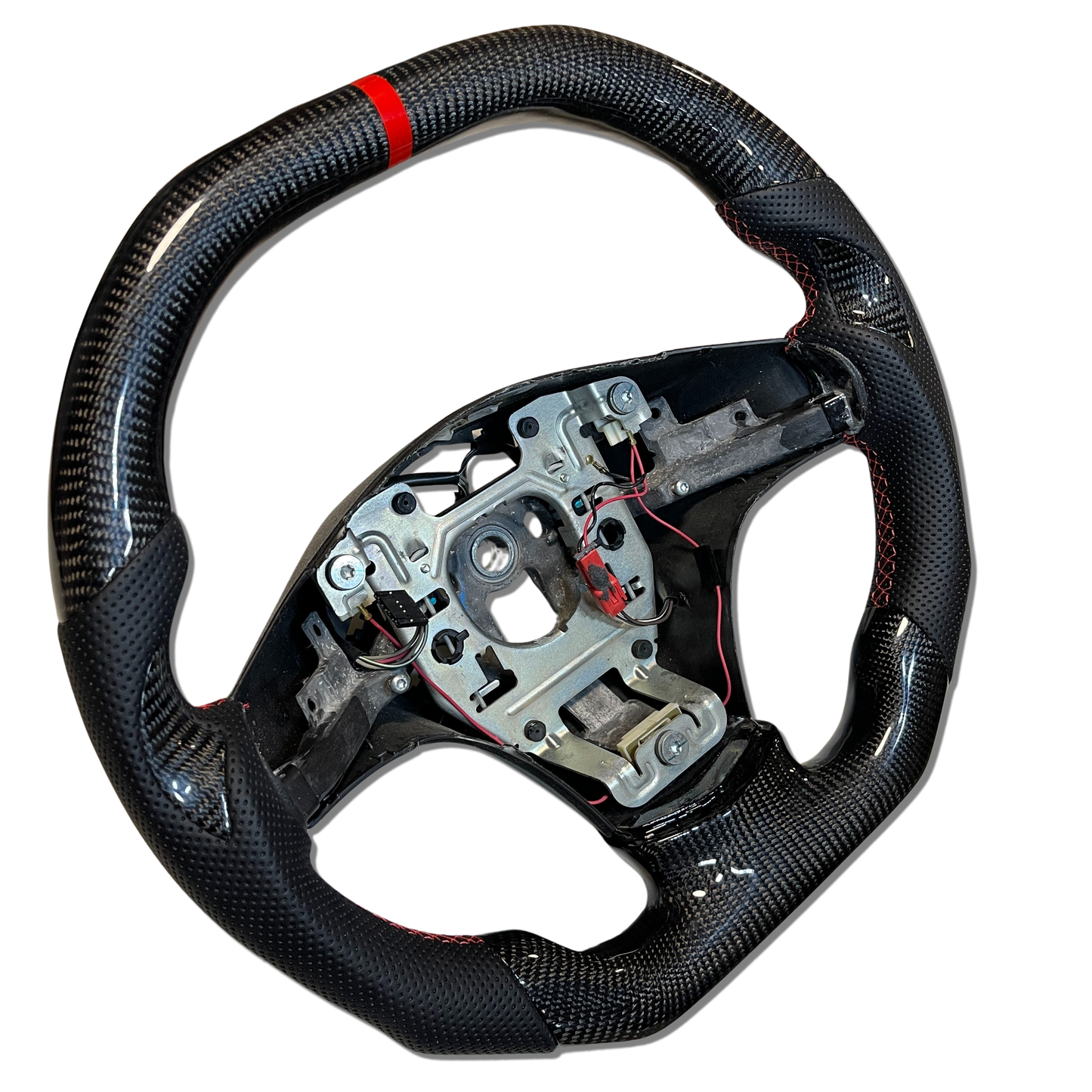 Carbon Fiber Steering Wheel with Flat Top + Carbon Thumb Grips + Red Stitching + Red Stripe for C6 Corvette 2006-2011