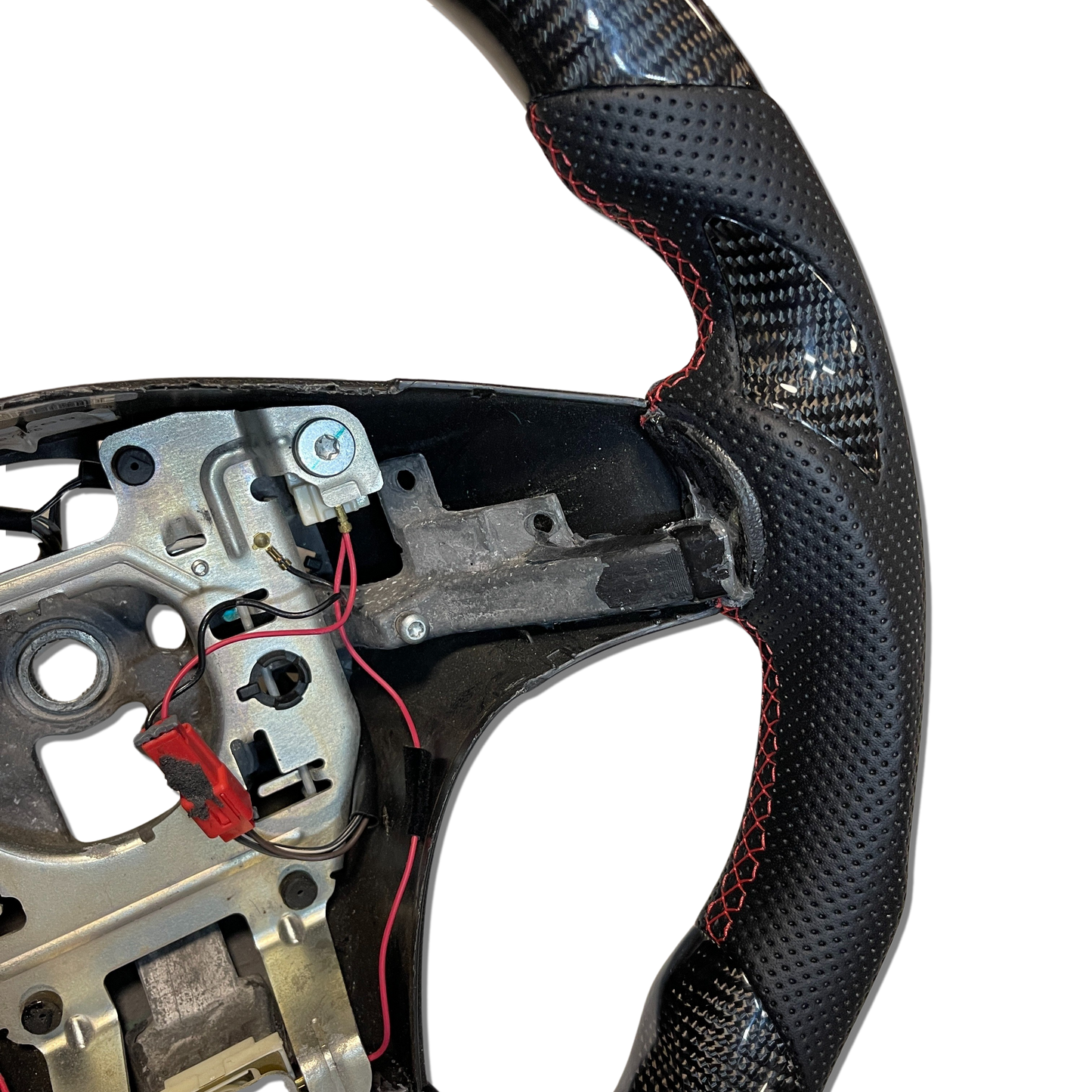 Carbon Fiber Steering Wheel with Flat Top + Carbon Thumb Grips + Red Stitching + Red Stripe for C6 Corvette 2006-2011