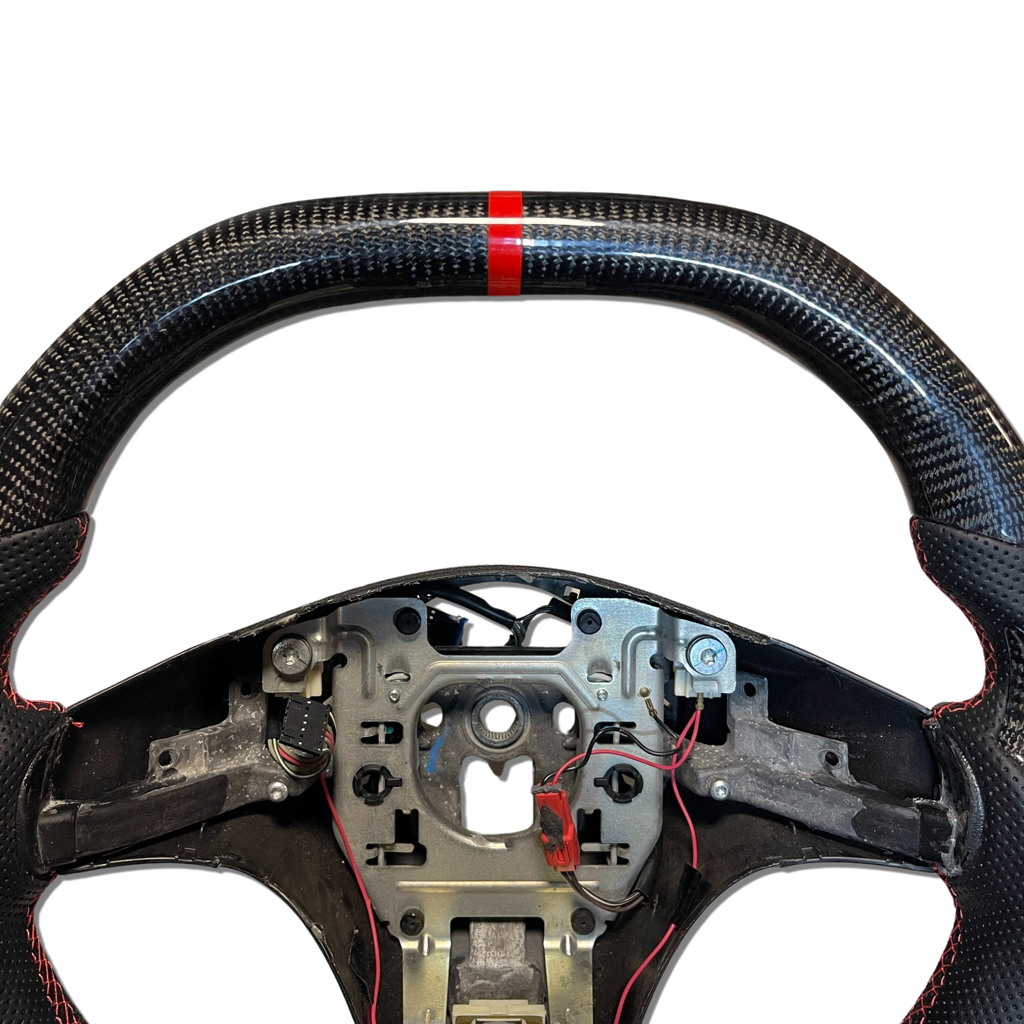 Carbon Fiber Steering Wheel with Flat Top + Carbon Thumb Grips + Red Stitching + Red Stripe for C6 Corvette 2006-2011