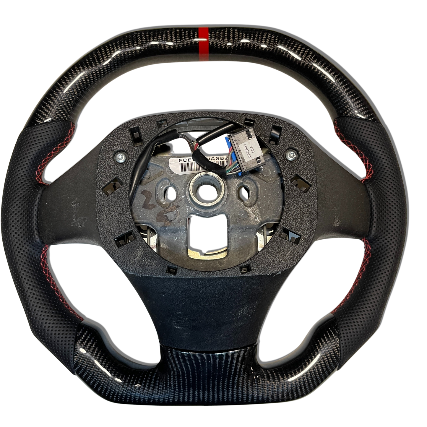 Carbon Fiber Steering Wheel with Flat Top + Carbon Thumb Grips + Red Stitching + Red Stripe for C6 Corvette 2006-2011