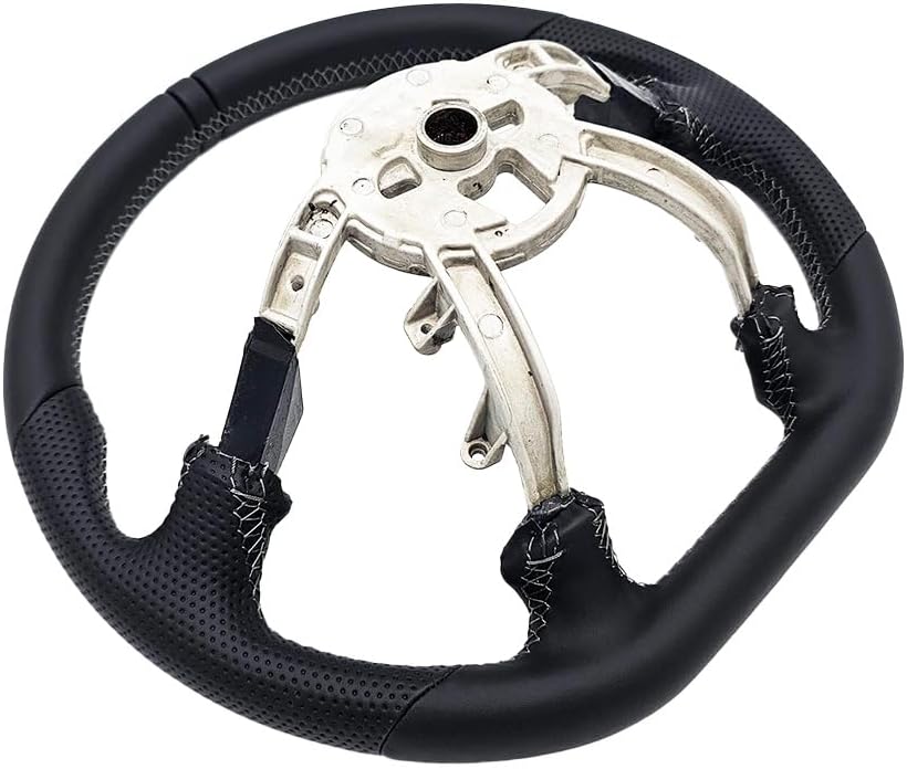 Leather Steering Wheel for Chevrolet Corvette C5 1997-2004 Flat-Top Flat-Bottom Perforated Leather Grip, Black Stitching and 3D Black 12 O’Clock Ring