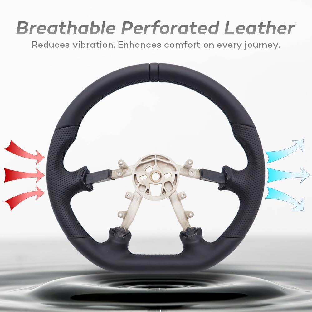 Leather Steering Wheel for Chevrolet Corvette C5 1997-2004 Flat-Top Flat-Bottom Perforated Leather Grip, Black Stitching and 3D Black 12 O’Clock Ring