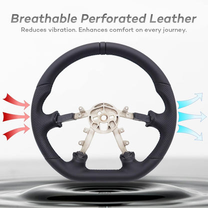Leather Steering Wheel for Chevrolet Corvette C5 1997-2004 Flat-Top Flat-Bottom Perforated Leather Grip, Black Stitching and 3D Black 12 O’Clock Ring