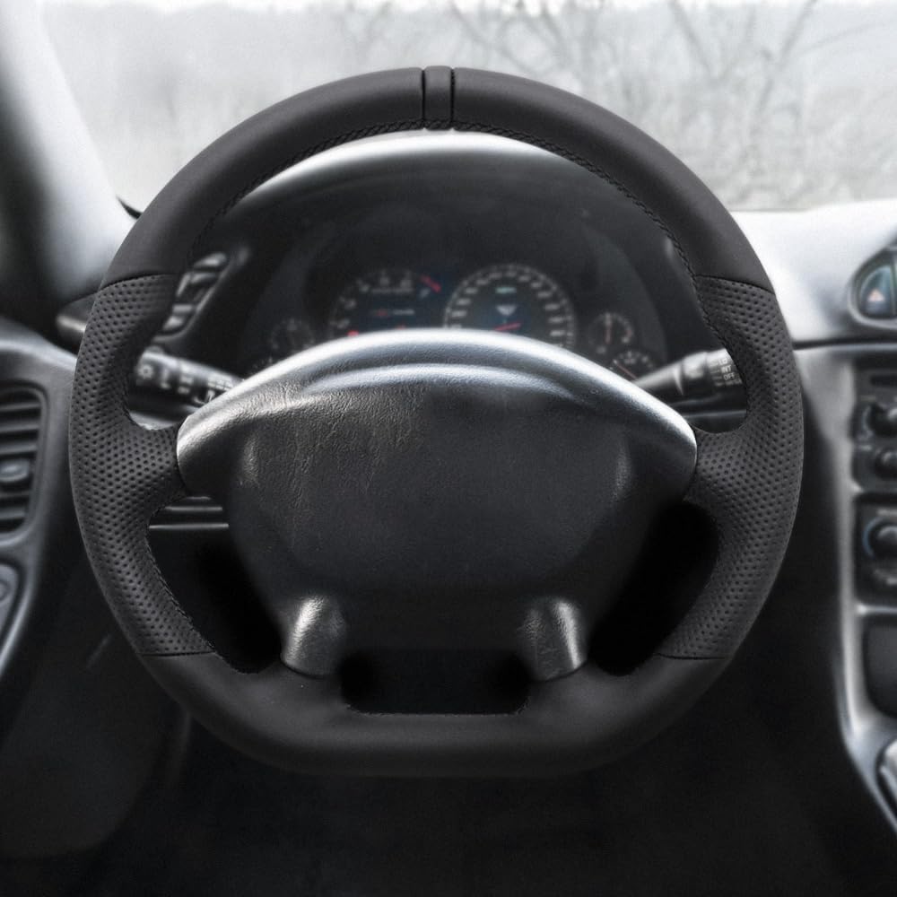 Leather Steering Wheel for Chevrolet Corvette C5 1997-2004 Flat-Top Flat-Bottom Perforated Leather Grip, Black Stitching and 3D Black 12 O’Clock Ring