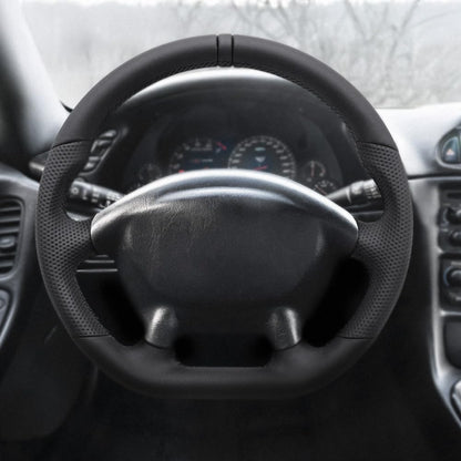 Leather Steering Wheel for Chevrolet Corvette C5 1997-2004 Flat-Top Flat-Bottom Perforated Leather Grip, Black Stitching and 3D Black 12 O’Clock Ring