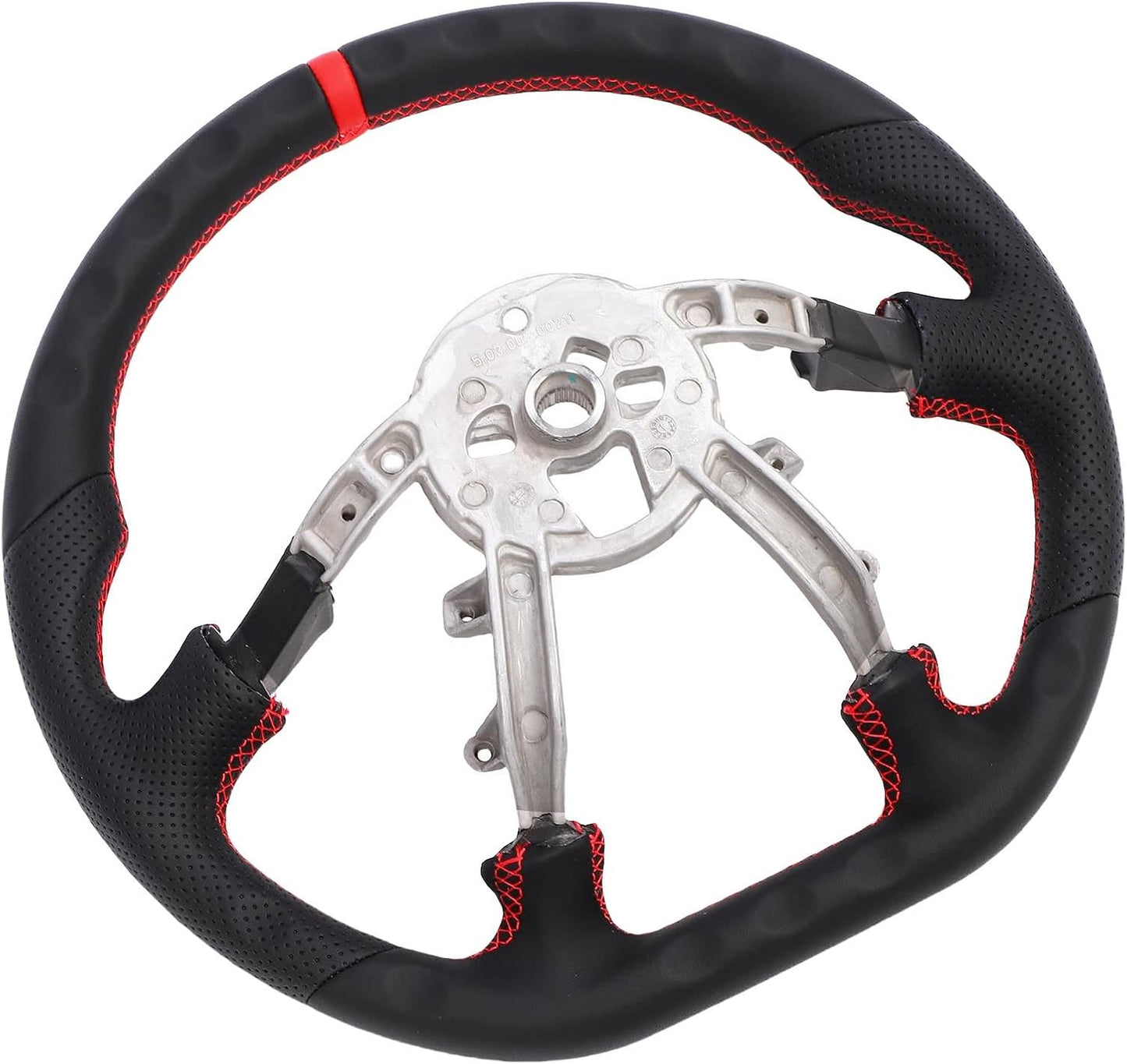 Leather Steering Wheel for Chevrolet Corvette C5 1997-2004 Round-Top Flat-Bottom Perforated Leather Grip, Red Stitching and Red 12 O’Clock Stripe