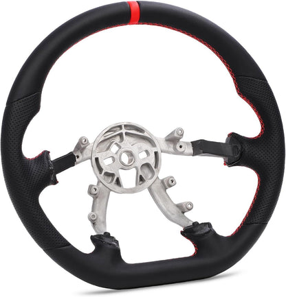 Leather Steering Wheel for Chevrolet Corvette C5 1997-2004 Round-Top Flat-Bottom Perforated Leather Grip, Red Stitching and Red 12 O’Clock Stripe