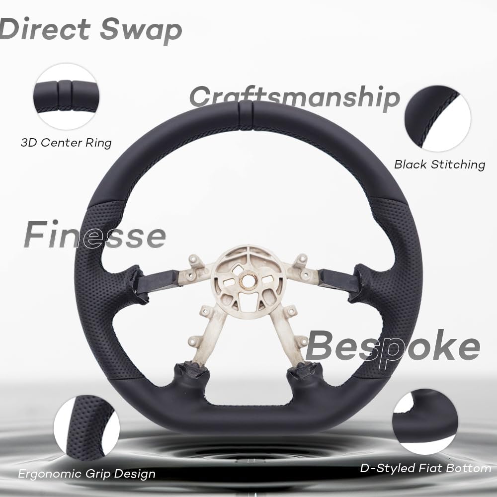 Leather Steering Wheel for Chevrolet Corvette C5 1997-2004 Flat-Top Flat-Bottom Perforated Leather Grip, Black Stitching and 3D Black 12 O’Clock Ring