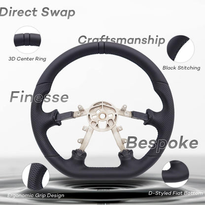 Leather Steering Wheel for Chevrolet Corvette C5 1997-2004 Flat-Top Flat-Bottom Perforated Leather Grip, Black Stitching and 3D Black 12 O’Clock Ring