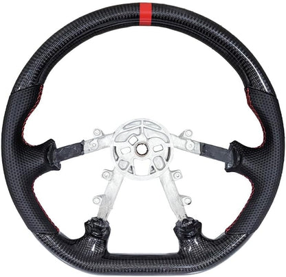 Leather Steering Wheel for Chevrolet Corvette C5 1997-2004 Flat-Top Flat-Bottom Perforated Leather Grip, Black Stitching and 3D Black 12 O’Clock Ring