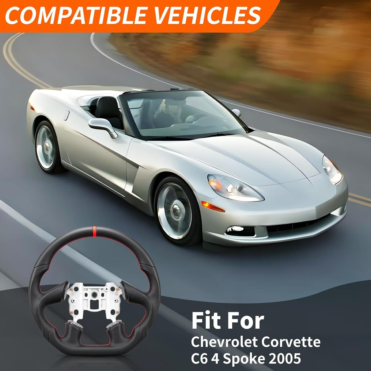 Leather Steering Wheel for Chevrolet Corvette C6 2005 4-Spoke Flat-Top Flat-Bottom Perforated Leather Grip, Red Stitching and Red 12 O’Clock Stripe