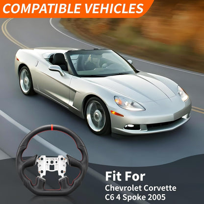 Leather Steering Wheel for Chevrolet Corvette C6 2005 4-Spoke Flat-Top Flat-Bottom Perforated Leather Grip, Red Stitching and Red 12 O’Clock Stripe