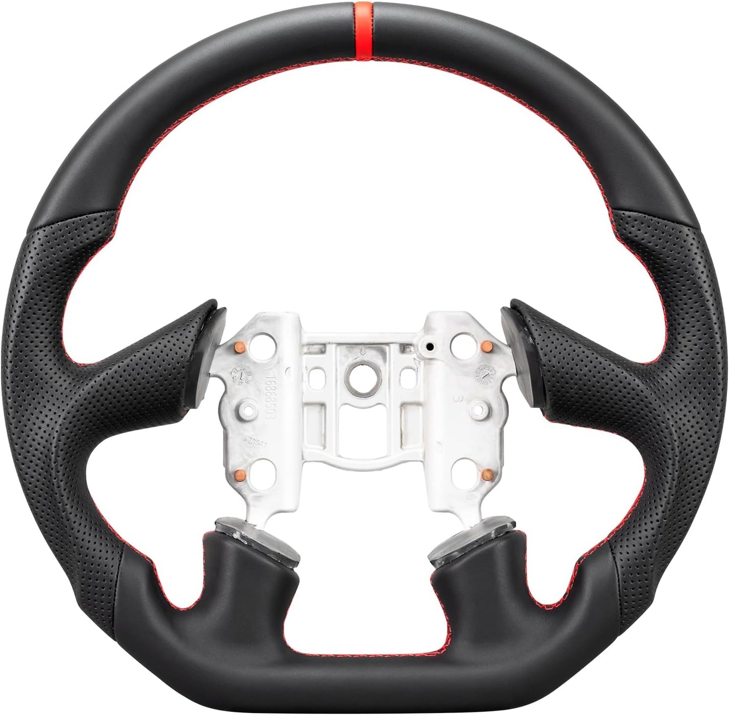 Leather Steering Wheel for Chevrolet Corvette C6 2005 4-Spoke Flat-Top Flat-Bottom Perforated Leather Grip, Red Stitching and Red 12 O’Clock Stripe