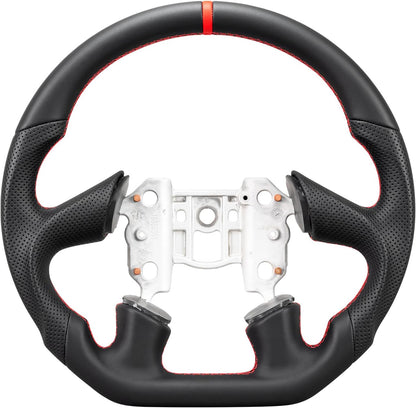 Leather Steering Wheel for Chevrolet Corvette C6 2005 4-Spoke Flat-Top Flat-Bottom Perforated Leather Grip, Red Stitching and Red 12 O’Clock Stripe