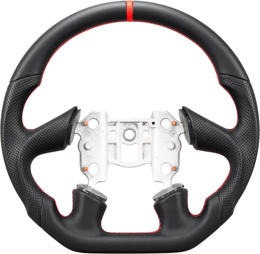 Leather Steering Wheel for Chevrolet Corvette C6 2005 4-Spoke Flat-Top Flat-Bottom Perforated Leather Grip, Red Stitching and Red 12 O’Clock Stripe