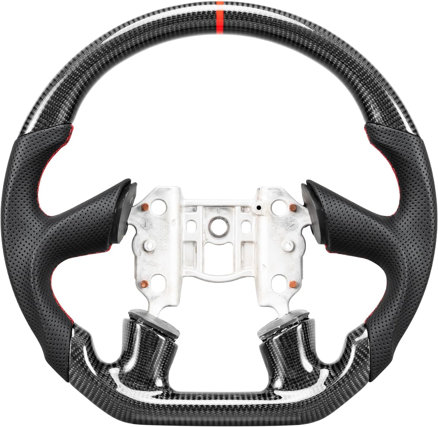 Leather Steering Wheel for Chevrolet Corvette C6 2005 4-Spoke Flat-Top Flat-Bottom Perforated Leather Grip, Red Stitching and Red 12 O’Clock Stripe