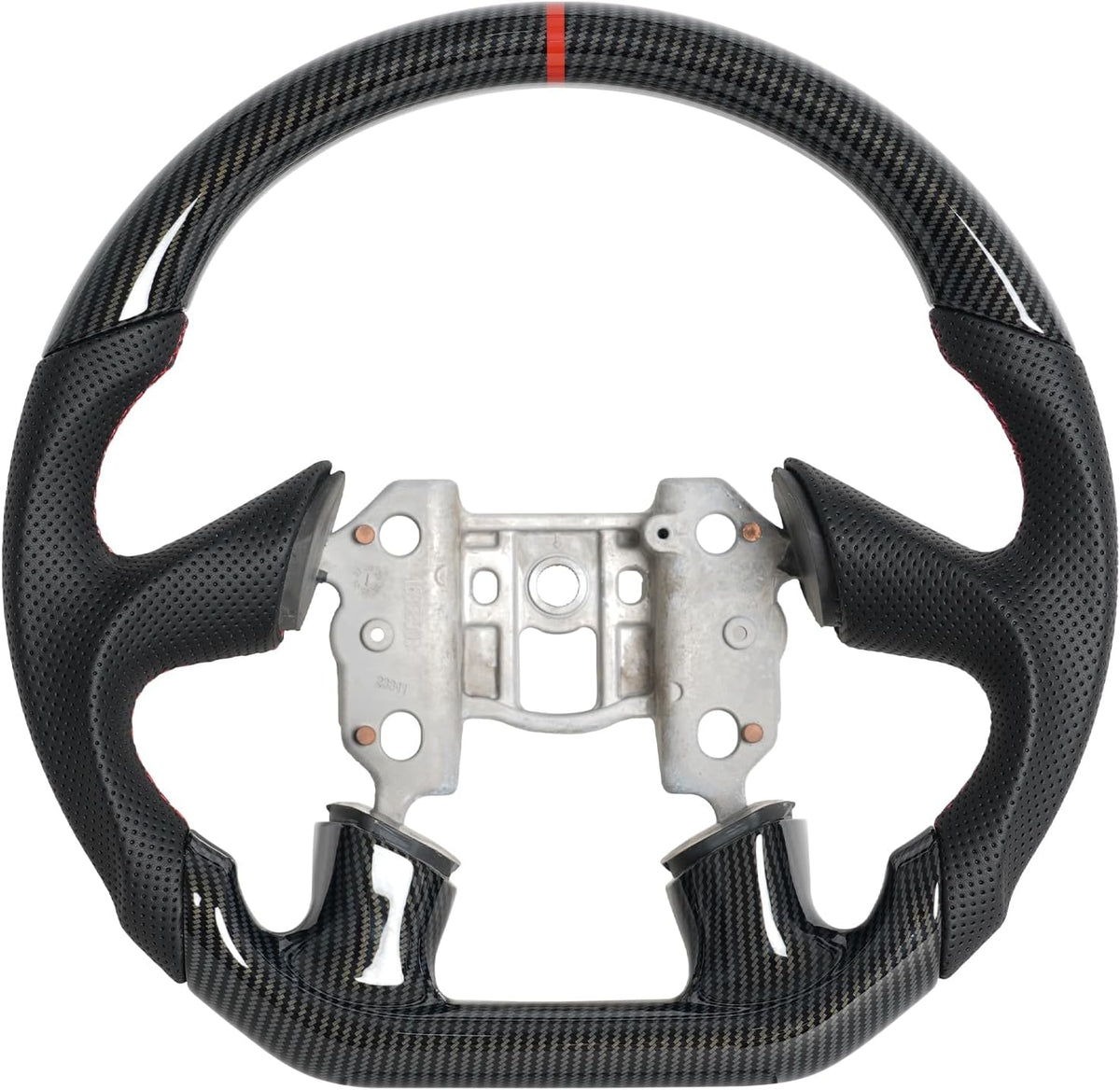 Leather Steering Wheel for Chevrolet Corvette C6 2005 4-Spoke Flat-Top Flat-Bottom Perforated Leather Grip, Red Stitching and Red 12 O’Clock Stripe