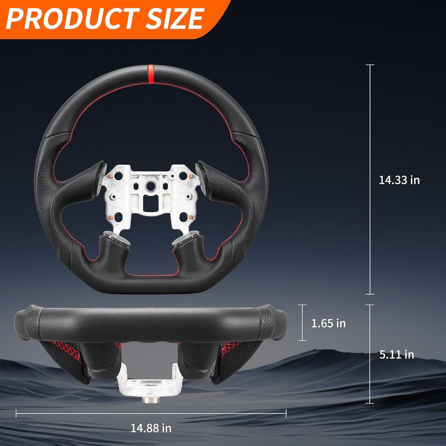Leather Steering Wheel for Chevrolet Corvette C6 2005 4-Spoke Flat-Top Flat-Bottom Perforated Leather Grip, Red Stitching and Red 12 O’Clock Stripe