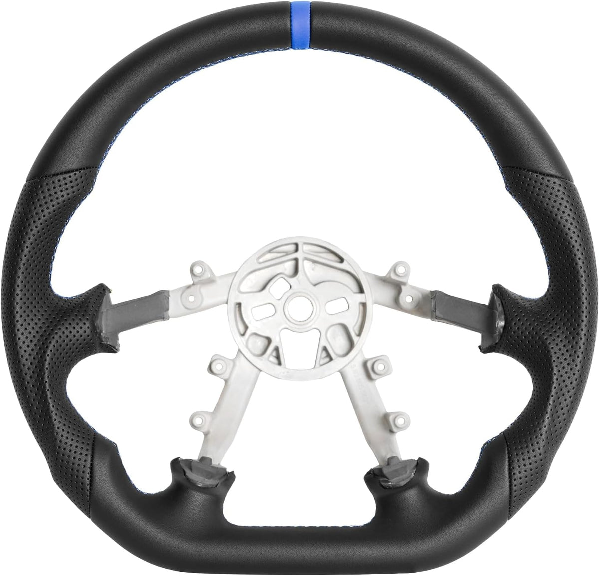 Leather Steering Wheel for Chevrolet Corvette C5 Z06 1997-2004 Round-Top Flat-Bottom Perforated Leather Grip, Blue Stitching and Blue 12 O’Clock Stripe