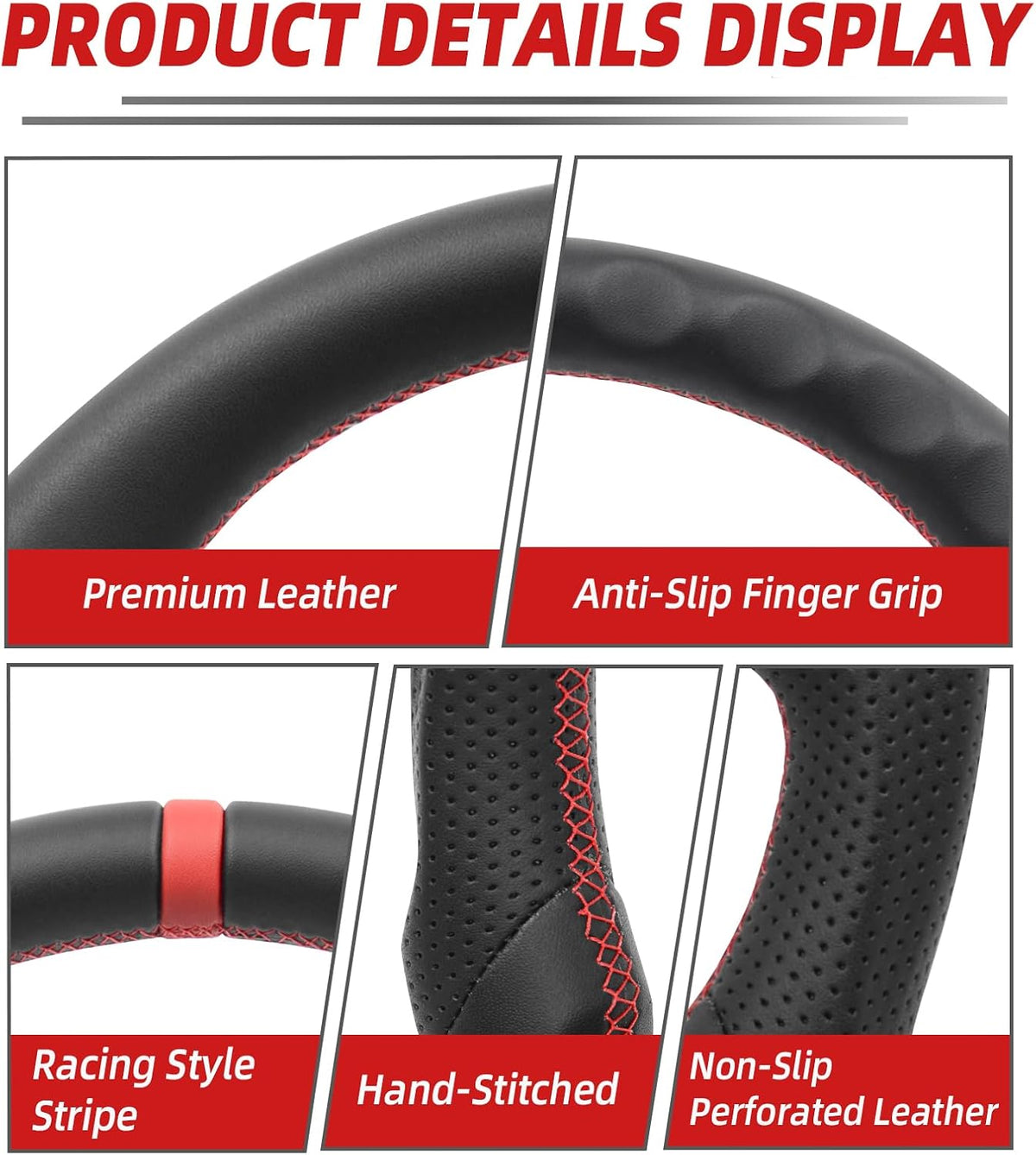 Leather Steering Wheel for Chevrolet Corvette C5 1997-2004 Flat-Top Flat-Bottom Perforated Leather Grip, Red Stitching and Red 12 O’Clock Stripe
