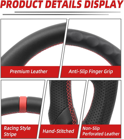 Leather Steering Wheel for Chevrolet Corvette C5 1997-2004 Flat-Top Flat-Bottom Perforated Leather Grip, Red Stitching and Red 12 O’Clock Stripe