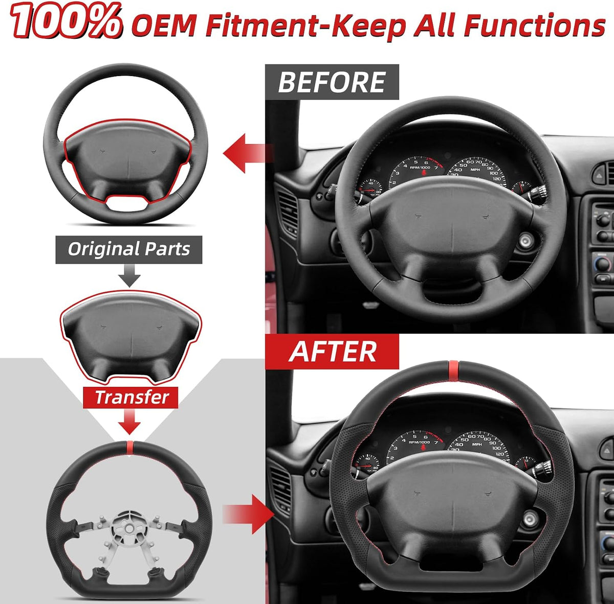 Leather Steering Wheel for Chevrolet Corvette C5 1997-2004 Flat-Top Flat-Bottom Perforated Leather Grip, Red Stitching and Red 12 O’Clock Stripe