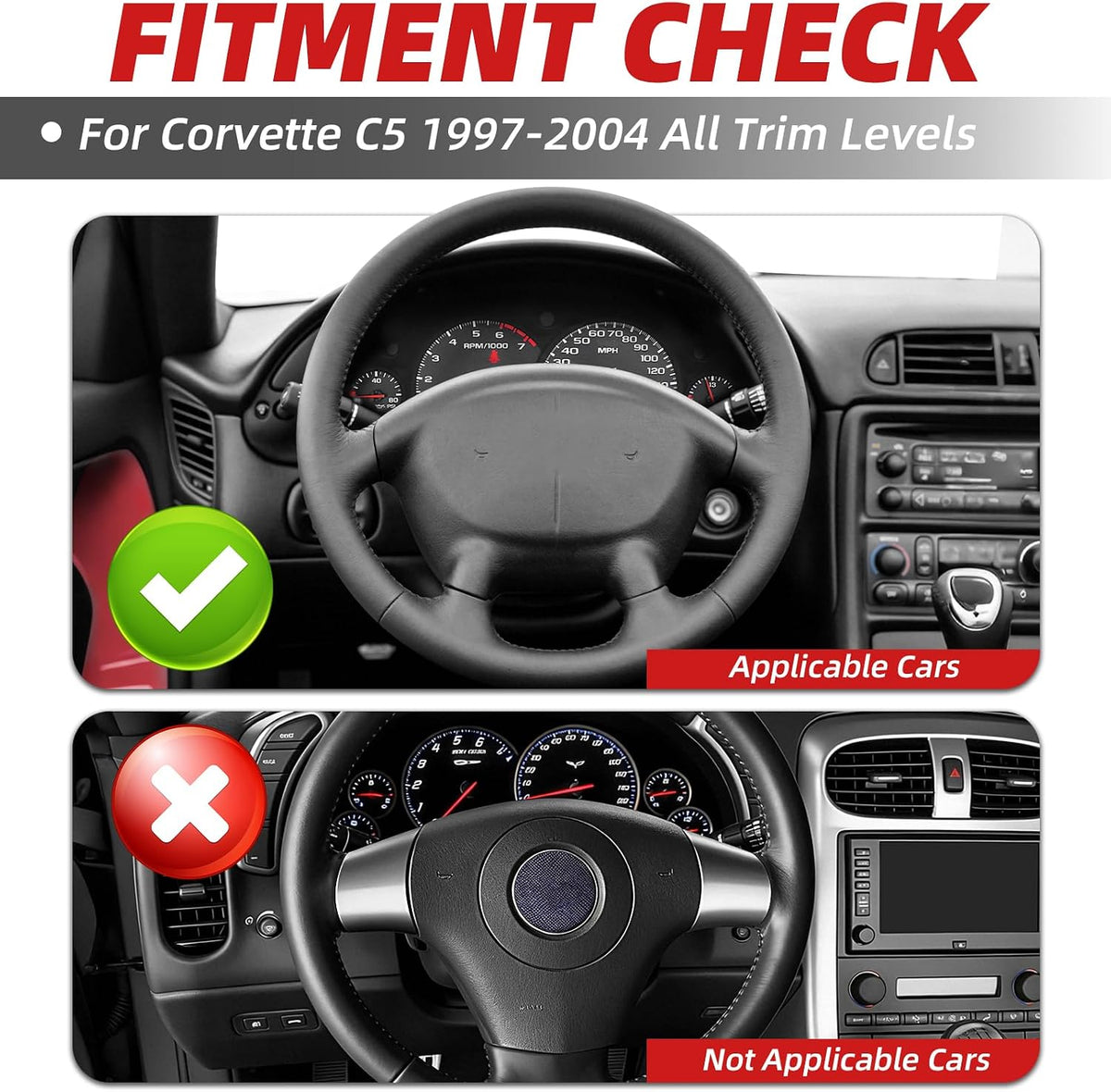 Leather Steering Wheel for Chevrolet Corvette C5 1997-2004 Flat-Top Flat-Bottom Perforated Leather Grip, Red Stitching and Red 12 O’Clock Stripe