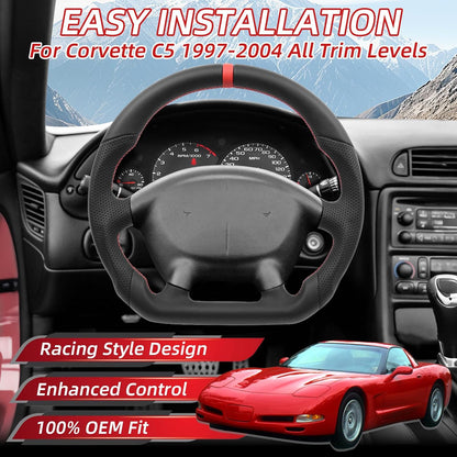 Leather Steering Wheel for Chevrolet Corvette C5 1997-2004 Flat-Top Flat-Bottom Perforated Leather Grip, Red Stitching and Red 12 O’Clock Stripe