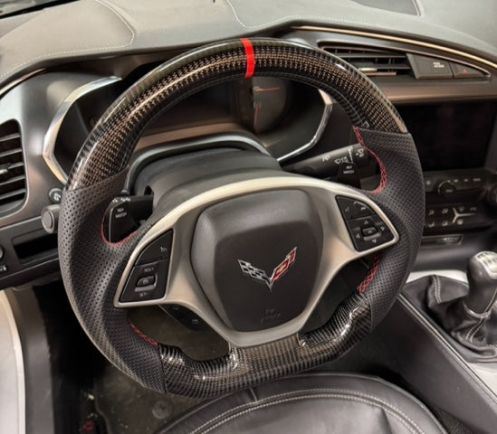 Real Carbon Fiber Steering Wheel for Chevrolet Corvette C7 2014-2019 Generation D-shaped Flat-Bottom Perforated Leather Grip