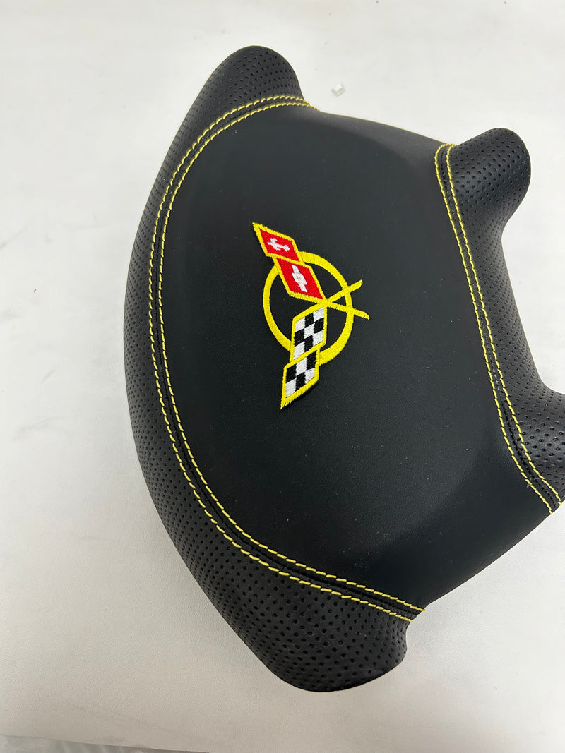 IN STOCK 1997-2004 C5 CORVETTE CUSTOM STEERING WHEEL AIRBAG COVER AND AIRBAG Yellow stitching Yellow logo smooth and perforated leather