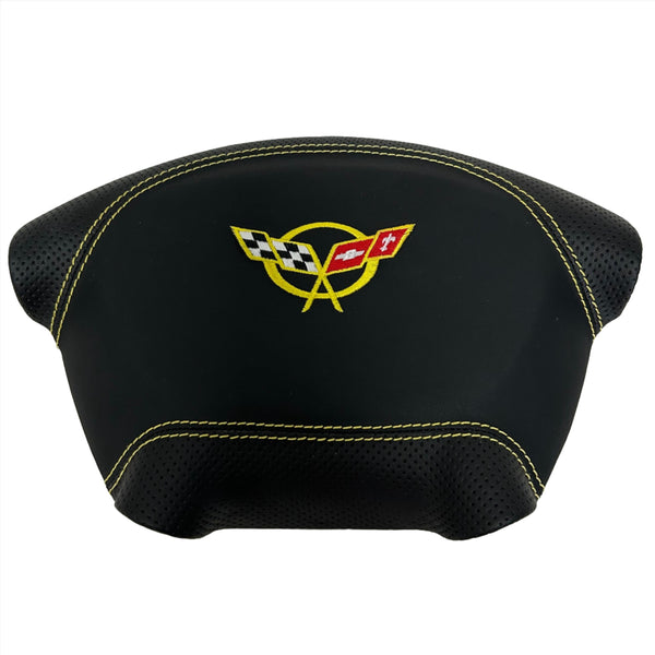 IN STOCK 1997-2004 C5 CORVETTE CUSTOM STEERING WHEEL AIRBAG COVER AND AIRBAG Yellow stitching Yellow logo smooth and perforated leather
