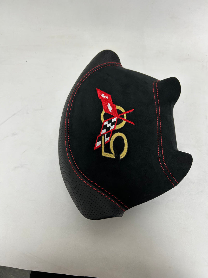 IN STOCK 1997-2004 C5 CORVETTE CUSTOM STEERING WHEEL AIRBAG COVER AND AIRBAG 50th anniversary logo red stitching black Alcantara black perforated leather
